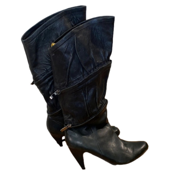 Messeca Black Leather Knee High Tiered Adjustable Heeled Boots 90's  (Size 6.5M) - Picture 1 of 14